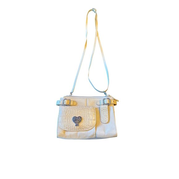 Brighton Creme Beige Leather Crossbody Purse Croc Embossing & Heart Accent - Picture 1 of 6